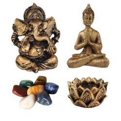 Combo Estátua Buda + Ganesha + 1 Castiçal + 1 Kit 7 Pedras dos Chakras